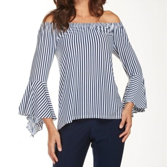 Frank Lyman Top Off The Shoulder Navy White Striped Fluted Sleeves Women's 6 NWT - Picture 1 of 9